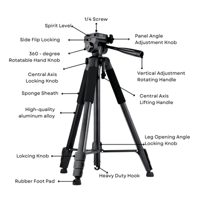 T200D Premium and Adjustable Phone Camera Tripod for Professional Photography - ROODTUO