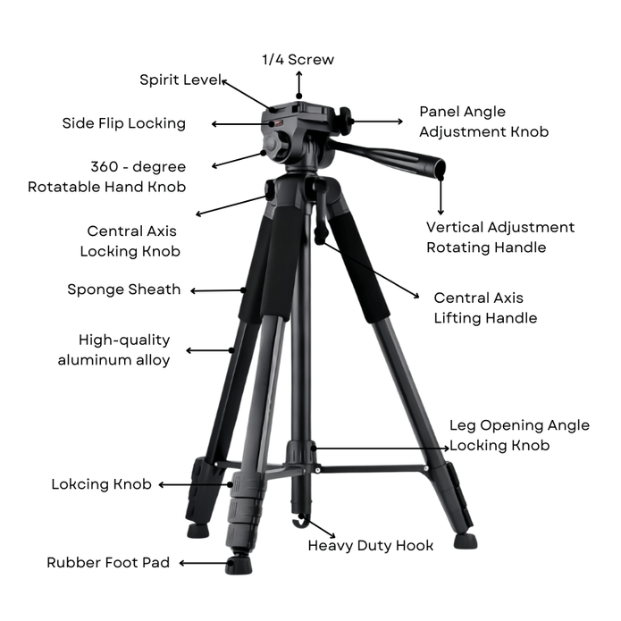 T200D Premium and Adjustable Phone Camera Tripod for Professional Photography - ROODTUO