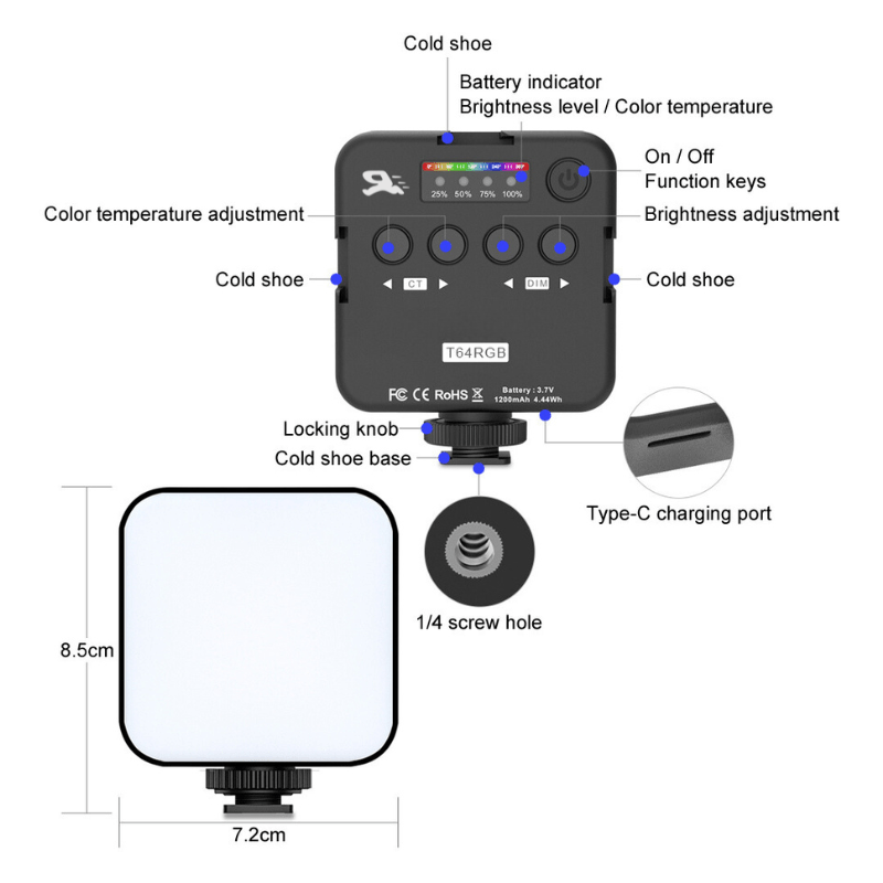 T64RGB Portable Full - color Fill Light Adjustable Brightness and Color Temperature - 3 Modes - ROODTUO